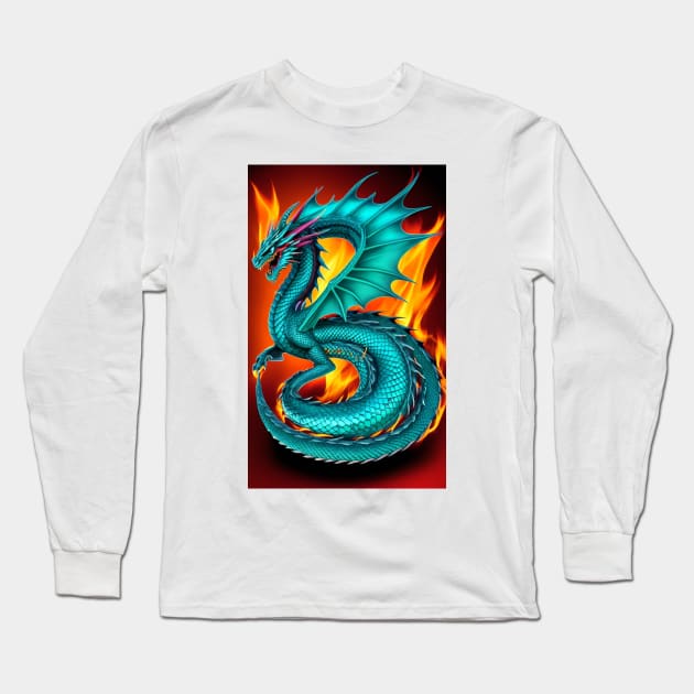 Dragon Fire Turquoise Fantasy Long Sleeve T-Shirt by ShopSunday